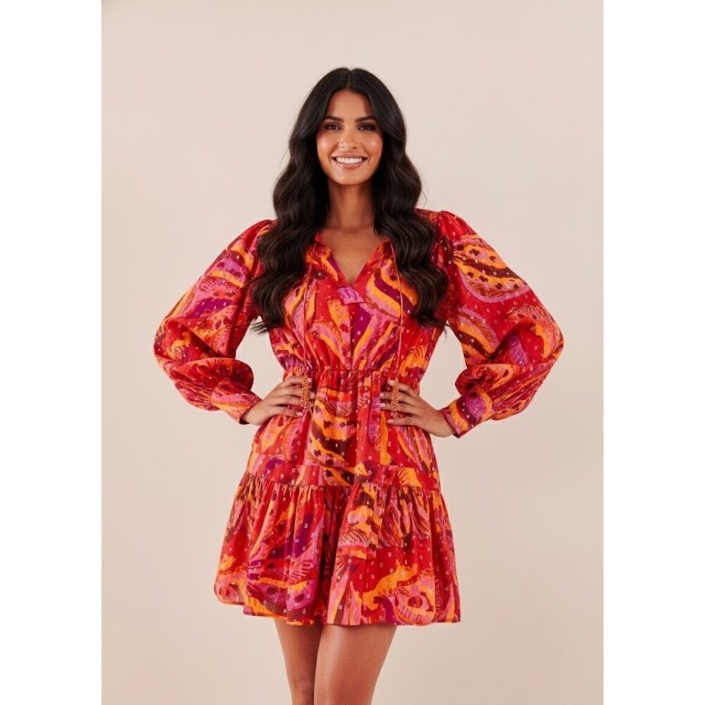 NWT FARM Rio Banana Juice Mini in Red Orange Puff Sleeve Cotton Dress S $195